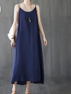 Outlet Women's Long Dress Maxi Dress Cotton Linen Dresses Casual Dress Slip Dress Basic Casual Vacation Casual Daily Regular Fit Plain Sleeveless Strap Black White Pink Blue Summer Spring Women Dresses