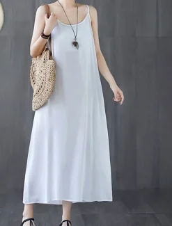 Outlet Women's Long Dress Maxi Dress Cotton Linen Dresses Casual Dress Slip Dress Basic Casual Vacation Casual Daily Regular Fit Plain Sleeveless Strap Black White Pink Blue Summer Spring Women Dresses