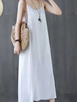 Outlet Women's Long Dress Maxi Dress Cotton Linen Dresses Casual Dress Slip Dress Basic Casual Vacation Casual Daily Regular Fit Plain Sleeveless Strap Black White Pink Blue Summer Spring Women Dresses