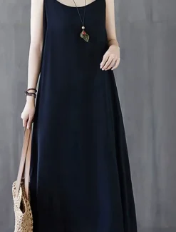 Outlet Women's Long Dress Maxi Dress Cotton Linen Dresses Casual Dress Slip Dress Basic Casual Vacation Casual Daily Regular Fit Plain Sleeveless Strap Black White Pink Blue Summer Spring Women Dresses