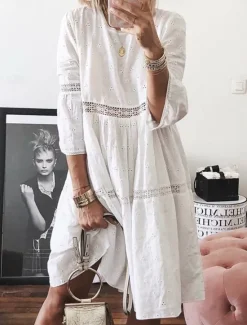 Discount Women's Long Dress Maxi Dress Cotton Linen Dresses Casual Dress Elegant Stylish Basic Vacation Daily Loose Fit Plain 3/4 Length Sleeve Crew Neck White Yellow Blue Purple Summer Spring Fall Women Dresses