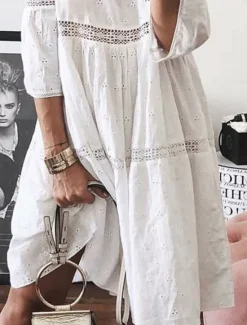 Discount Women's Long Dress Maxi Dress Cotton Linen Dresses Casual Dress Elegant Stylish Basic Vacation Daily Loose Fit Plain 3/4 Length Sleeve Crew Neck White Yellow Blue Purple Summer Spring Fall Women Dresses