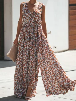 Sale Women's Long Dress Maxi Dress Casual Dress Boho Chic Dresses Bohemia Ethnic A Line Vacation Street Holiday Regular Fit Floral Sleeveless V Neck Yellow Red Sky Blue Summer Women Spring Dresses
