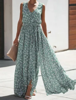 Sale Women's Long Dress Maxi Dress Casual Dress Boho Chic Dresses Bohemia Ethnic A Line Vacation Street Holiday Regular Fit Floral Sleeveless V Neck Yellow Red Sky Blue Summer Women Spring Dresses