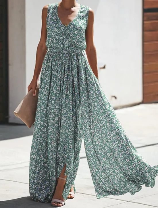 Sale Women's Long Dress Maxi Dress Casual Dress Boho Chic Dresses Bohemia Ethnic A Line Vacation Street Holiday Regular Fit Floral Sleeveless V Neck Yellow Red Sky Blue Summer Women Spring Dresses