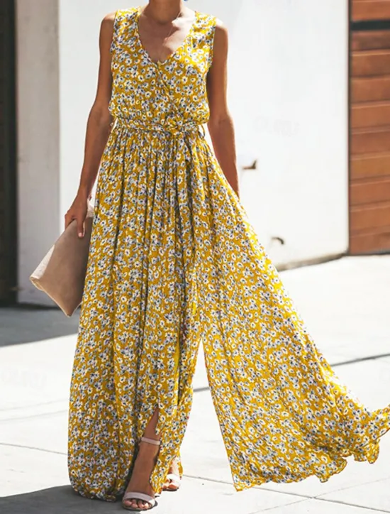 Sale Women's Long Dress Maxi Dress Casual Dress Boho Chic Dresses Bohemia Ethnic A Line Vacation Street Holiday Regular Fit Floral Sleeveless V Neck Yellow Red Sky Blue Summer Women Spring Dresses