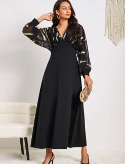 Hot Women's Long Dress Sheer Feather Print Sleeves V-neck Black Festive Party Elegant Maxi Winter Fall Clothing Apparel Women Cocktail Dress