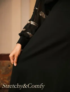 Hot Women's Long Dress Sheer Feather Print Sleeves V-neck Black Festive Party Elegant Maxi Winter Fall Clothing Apparel Women Cocktail Dress