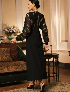 Hot Women's Long Dress Sheer Feather Print Sleeves V-neck Black Festive Party Elegant Maxi Winter Fall Clothing Apparel Women Cocktail Dress