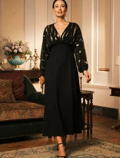 Hot Women's Long Dress Sheer Feather Print Sleeves V-neck Black Festive Party Elegant Maxi Winter Fall Clothing Apparel Women Cocktail Dress