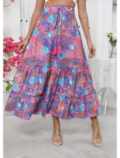 Sale Women's Long Skirt Bohemia Boho Long Maxi High Waist Skirts Graphic Color Block Patchwork Print Micro-elastic Holiday Beach Summer Polyester Women Skirts