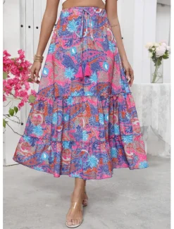 Sale Women's Long Skirt Bohemia Boho Long Maxi High Waist Skirts Graphic Color Block Patchwork Print Micro-elastic Holiday Beach Summer Polyester Women Skirts