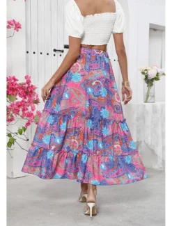 Sale Women's Long Skirt Bohemia Boho Long Maxi High Waist Skirts Graphic Color Block Patchwork Print Micro-elastic Holiday Beach Summer Polyester Women Skirts