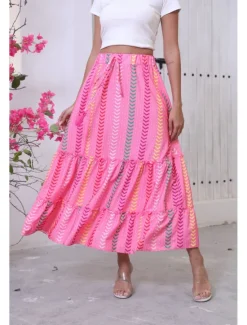 New Women's Long Skirt Bohemia Boho Long Maxi High Waist Skirts Graphic Color Block Patchwork Print Micro-elastic Holiday Beach Summer Polyester Women Skirts