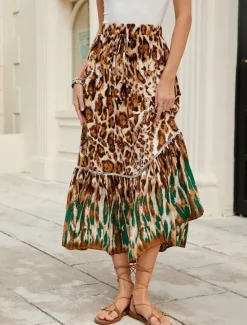 Women's Long Skirt Bohemia Boho Long Maxi High Waist Skirts Leopard Color Block Patchwork Print Micro-elastic Holiday Beach Spring, Fall, Winter, Summer Polyester Viscose Women Skirts