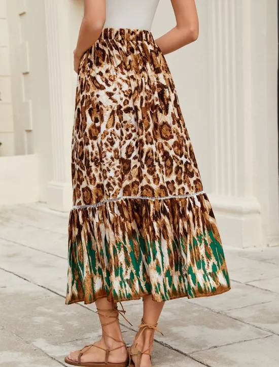 Women's Long Skirt Bohemia Boho Long Maxi High Waist Skirts Leopard Color Block Patchwork Print Micro-elastic Holiday Beach Spring, Fall, Winter, Summer Polyester Viscose Women Skirts
