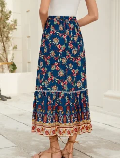 Discount Women's Long Skirt Bohemia Boho Long Maxi High Waist Skirts Graphic Color Block Patchwork Print Micro-elastic Holiday Beach Spring, Fall, Winter, Summer Polyester Viscose Women Skirts