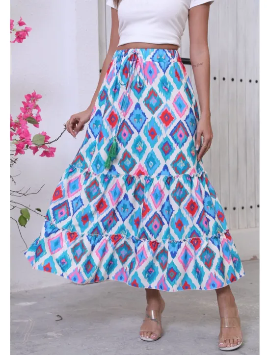 Best Women's Long Skirt Bohemia Boho Long Maxi High Waist Skirts Graphic Color Block Patchwork Print Micro-elastic Holiday Beach Summer Polyester Women Skirts