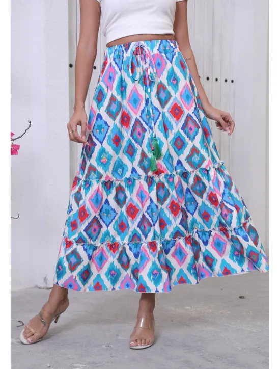 Best Women's Long Skirt Bohemia Boho Long Maxi High Waist Skirts Graphic Color Block Patchwork Print Micro-elastic Holiday Beach Summer Polyester Women Skirts