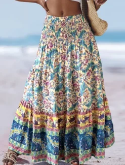 Online Women's Long Skirt Elegant Maxi High Waist Skirts Floral Geometric Ruched Print Flowy Inelastic Going out Casual Daily Black Red Blue Sky Blue Summer Polyester Women Skirts
