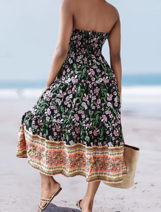 Online Women's Long Skirt Elegant Maxi High Waist Skirts Floral Geometric Ruched Print Flowy Inelastic Going out Casual Daily Black Red Blue Sky Blue Summer Polyester Women Skirts
