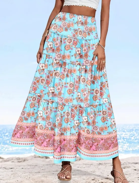 Online Women's Long Skirt Elegant Maxi High Waist Skirts Floral Geometric Ruched Print Flowy Inelastic Going out Casual Daily Black Red Blue Sky Blue Summer Polyester Women Skirts