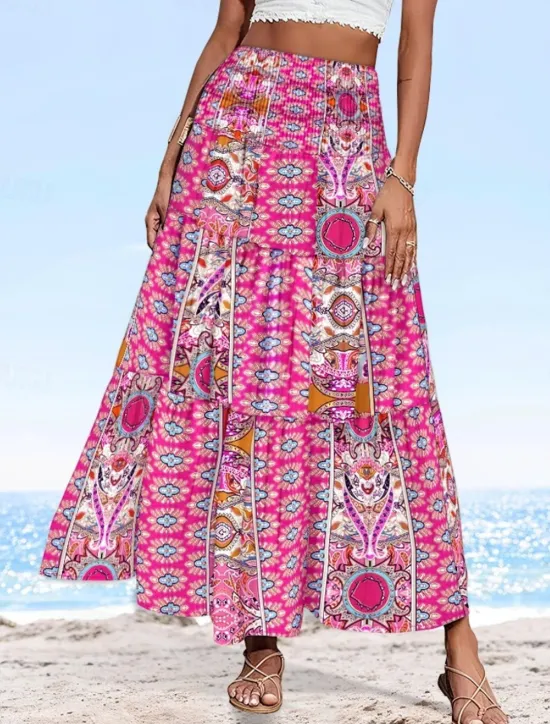 Online Women's Long Skirt Elegant Maxi High Waist Skirts Floral Geometric Ruched Print Flowy Inelastic Going out Casual Daily Black Red Blue Sky Blue Summer Polyester Women Skirts