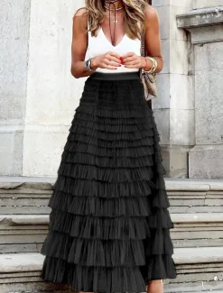 Outlet Women's Long Skirt Maxi Skirts Patchwork Solid Colored Vacation Party Spring, Fall, Winter, Summer Elegant Fashion Black Pink Khaki Women Skirts