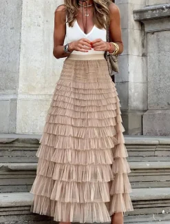 Outlet Women's Long Skirt Maxi Skirts Patchwork Solid Colored Vacation Party Spring, Fall, Winter, Summer Elegant Fashion Black Pink Khaki Women Skirts