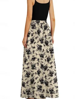 Discount Women's Long Skirt Maxi Skirts Patchwork Floral Graphic Going out Casual Daily Summer Elegant Vintage Blue Black Blue Khaki Women Skirts|Spring Pants