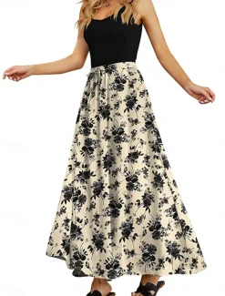 Discount Women's Long Skirt Maxi Skirts Patchwork Floral Graphic Going out Casual Daily Summer Elegant Vintage Blue Black Blue Khaki Women Skirts|Spring Pants