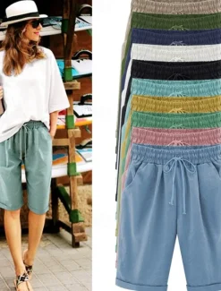 New Women's Lounge Shorts Pure Color Elastic Waist with Drawstring Simple Casual Comfort Home Daily Vacation Breathable Pocket Five-point Pants Women Shorts