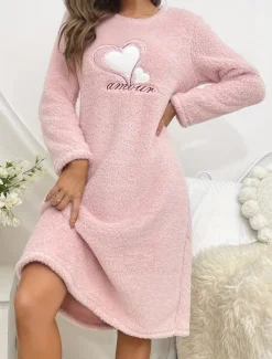 Hot Women's Loungewear Nightgown Heart Casual Comfort Home Sherpa Fleece Comfort Dress Embroidered Embroidery Fall Winter Home Outfits Women Sleepwear