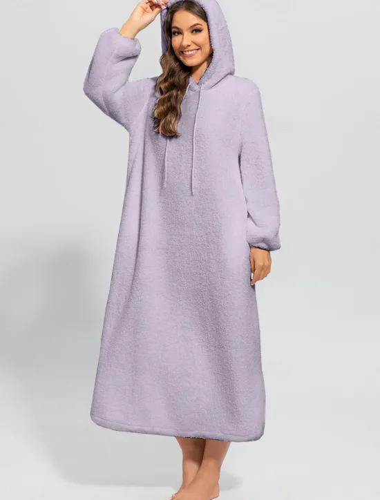 Online Women's Loungewear Nightshirt Dress Pure Color Casual Comfort Soft Home Daily Going out Coral Fleece Coral Velvet Warm Hoodie Long Sleeve Fall Winter Home Outfits Women Sleepwear