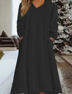 Online Women's Loungewear Nightshirt Dress Pure Color Casual Comfort Soft Home Daily Going out Coral Fleece Coral Velvet Warm Hoodie Long Sleeve Fall Winter Home Outfits Women Sleepwear