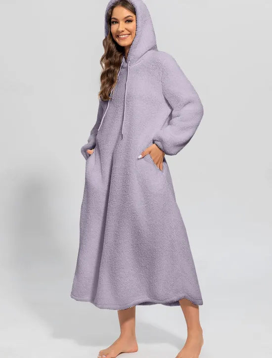 Online Women's Loungewear Nightshirt Dress Pure Color Casual Comfort Soft Home Daily Going out Coral Fleece Coral Velvet Warm Hoodie Long Sleeve Fall Winter Home Outfits Women Sleepwear