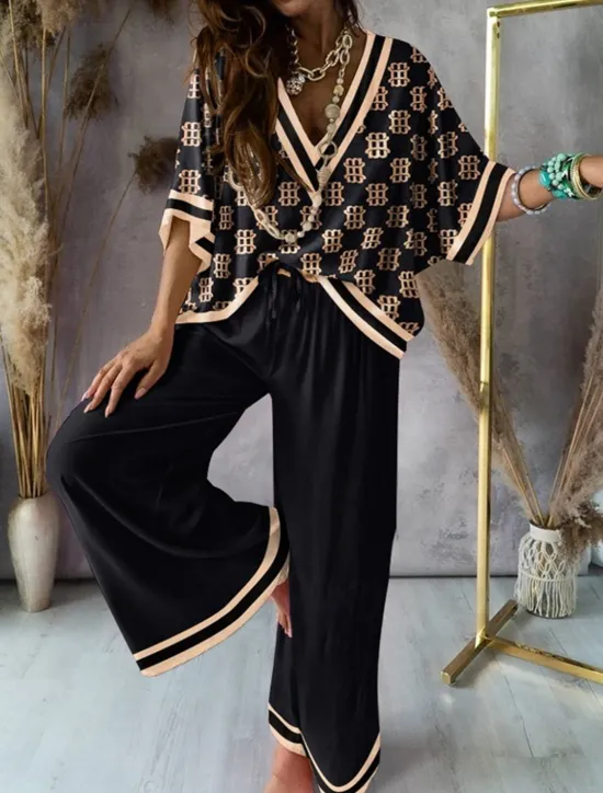 Clearance Women's Loungewear Nighty Sets 2 Pieces Geometic Simple Comfort Home Daily Going out Breathable V Wire Half Sleeve Shirt Pant Spring Fall Home Outfits Women Pajama-Setter