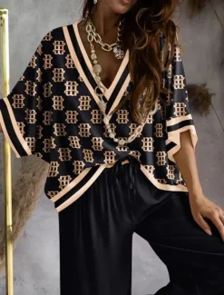 Clearance Women's Loungewear Nighty Sets 2 Pieces Geometic Simple Comfort Home Daily Going out Breathable V Wire Half Sleeve Shirt Pant Spring Fall Home Outfits Women Pajama-Setter