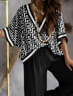 Clearance Women's Loungewear Nighty Sets 2 Pieces Geometic Simple Comfort Home Daily Going out Breathable V Wire Half Sleeve Shirt Pant Spring Fall Home Outfits Women Pajama-Setter
