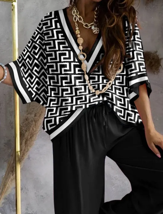 Clearance Women's Loungewear Nighty Sets 2 Pieces Geometic Simple Comfort Home Daily Going out Breathable V Wire Half Sleeve Shirt Pant Spring Fall Home Outfits Women Pajama-Setter