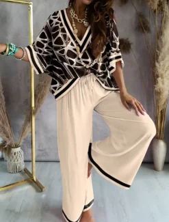 Clearance Women's Loungewear Nighty Sets 2 Pieces Geometic Simple Comfort Home Daily Going out Breathable V Wire Half Sleeve Shirt Pant Spring Fall Home Outfits Women Pajama-Setter