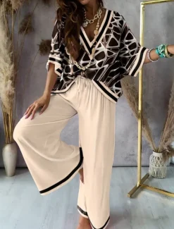 Clearance Women's Loungewear Nighty Sets 2 Pieces Geometic Simple Comfort Home Daily Going out Breathable V Wire Half Sleeve Shirt Pant Spring Fall Home Outfits Women Pajama-Setter