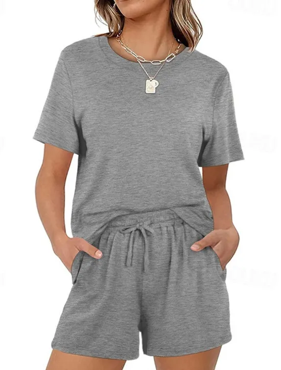 Outlet Women's Loungewear Nighty Sets 2 Pieces Pure Color Simple Comfort Home Street Cotton Crew Neck Short Sleeve T shirt Tee Shorts Summer Spring Home Outfits Women Pajama-Setter