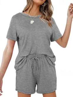 Outlet Women's Loungewear Nighty Sets 2 Pieces Pure Color Simple Comfort Home Street Cotton Crew Neck Short Sleeve T shirt Tee Shorts Summer Spring Home Outfits Women Pajama-Setter