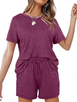Outlet Women's Loungewear Nighty Sets 2 Pieces Pure Color Simple Comfort Home Street Cotton Crew Neck Short Sleeve T shirt Tee Shorts Summer Spring Home Outfits Women Pajama-Setter