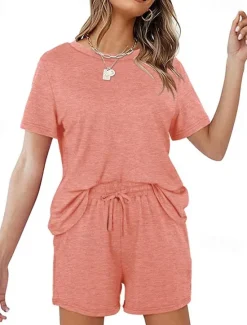 Outlet Women's Loungewear Nighty Sets 2 Pieces Pure Color Simple Comfort Home Street Cotton Crew Neck Short Sleeve T shirt Tee Shorts Summer Spring Home Outfits Women Pajama-Setter