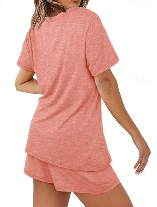 Outlet Women's Loungewear Nighty Sets 2 Pieces Pure Color Simple Comfort Home Street Cotton Crew Neck Short Sleeve T shirt Tee Shorts Summer Spring Home Outfits Women Pajama-Setter