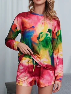 Sale Women's Loungewear Pajama Set 2 Pieces Tie Dye Casual Comfort Home Comfort Crew Neck Long Sleeve Pullover Shorts Spring Fall Home Outfits Women Pajama-Setter