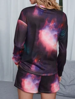 Sale Women's Loungewear Pajama Set 2 Pieces Tie Dye Casual Comfort Home Comfort Crew Neck Long Sleeve Pullover Shorts Spring Fall Home Outfits Women Pajama-Setter