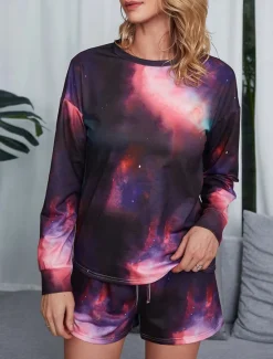 Sale Women's Loungewear Pajama Set 2 Pieces Tie Dye Casual Comfort Home Comfort Crew Neck Long Sleeve Pullover Shorts Spring Fall Home Outfits Women Pajama-Setter
